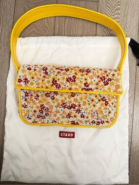 STAUD Bright Yellow Beaded Leather Zip-Tab Shoulder Bag